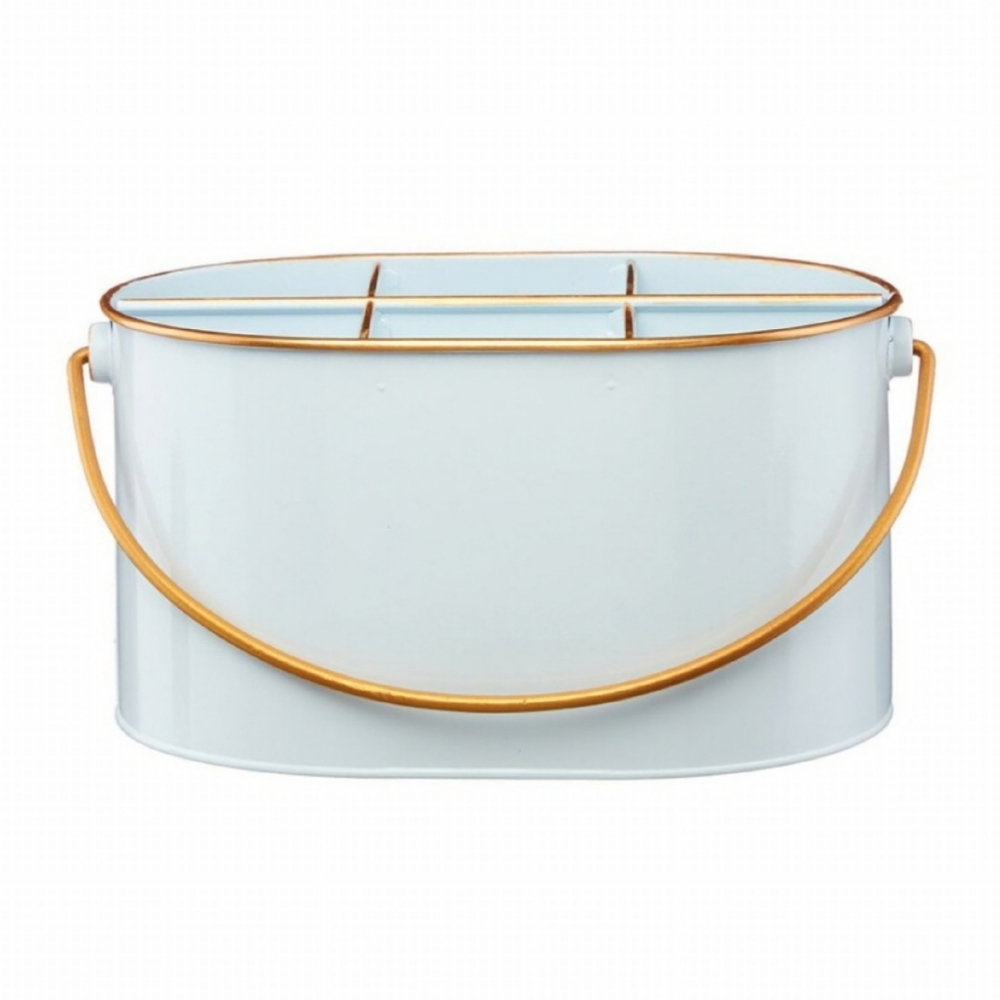White Gold Metal Utensil Caddy Farmhouse Countertop or Desk Organizer/Gold Trim